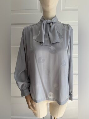 Vintage Quiet Luxury Silver Grey Tie Neck Satin Blouse - Minimalist Chic